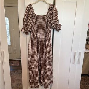 Smocked Gingham Midi Dress with Puff Sleeves